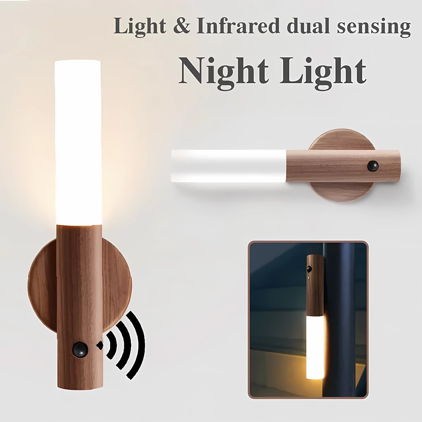 Wood Wireless USB LED Night Light Wall Lamp